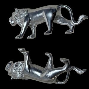 2 Roaring Silver Lion, Vintage Metal Statues, Hollywood Regency, Safari Decor